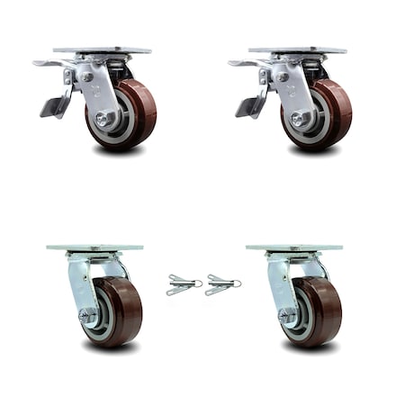 Service Caster 4 Inch Polyurethane Caster Set with Ball Bearings 2 Brakes 2 Swivel Locks SCC SCC-TTL30S420-PPUB-2-BSL-2